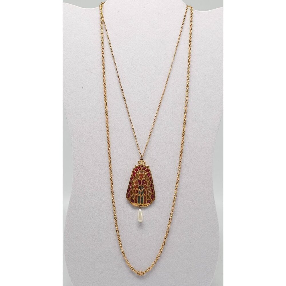 Stained Glass Inspired Pendant Necklace With Faux Pearl Drop On Long Gold Tone